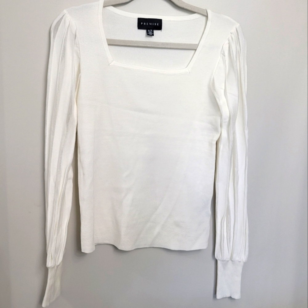 PREMISE White Square Neck Pleated Long Sleeve Top Size M